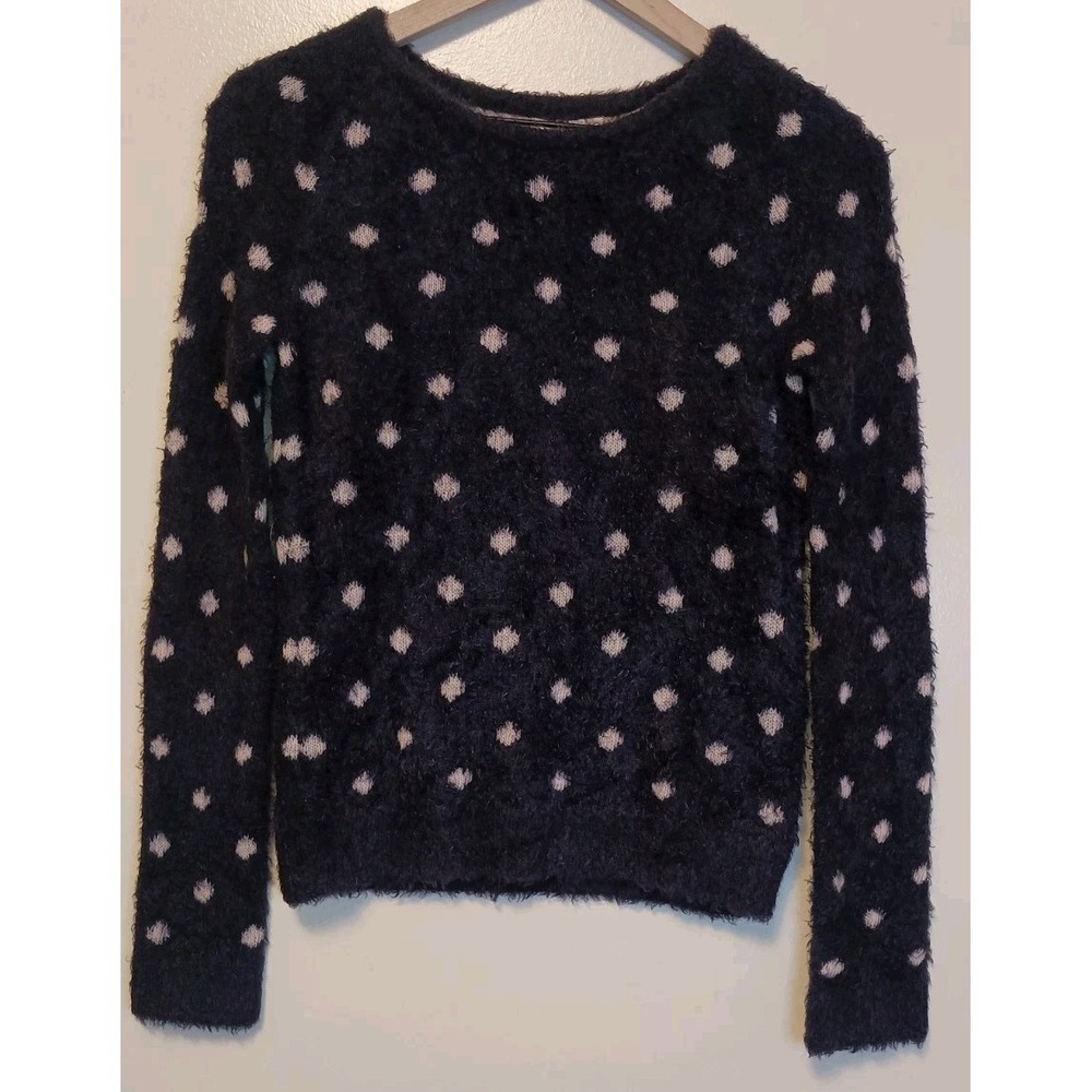 Anthropologie Moth Sweater S Navy Pink Polka Dot Fuzzy Wool Blend NWT